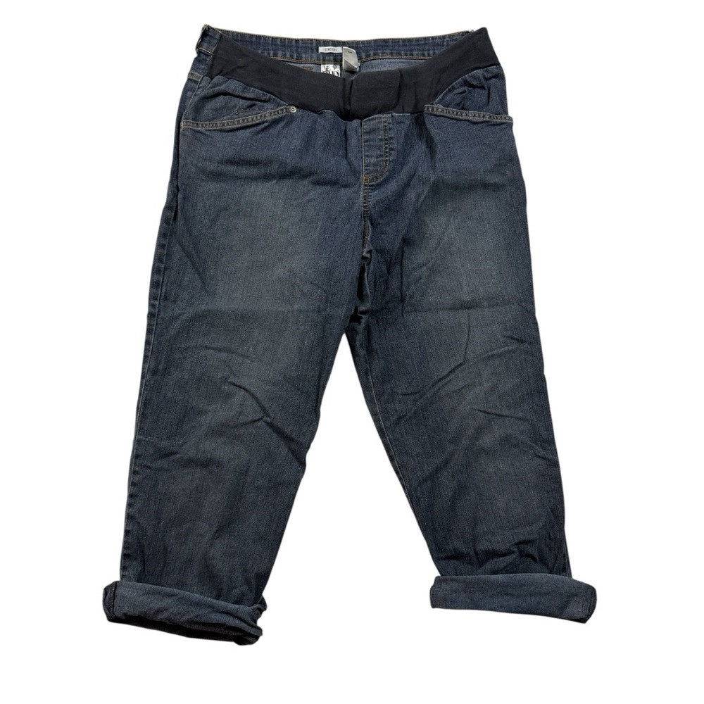 Duo Maternity Dark Wash Stretch Jean Capris Elastic Waist & Cuffed Hem Large